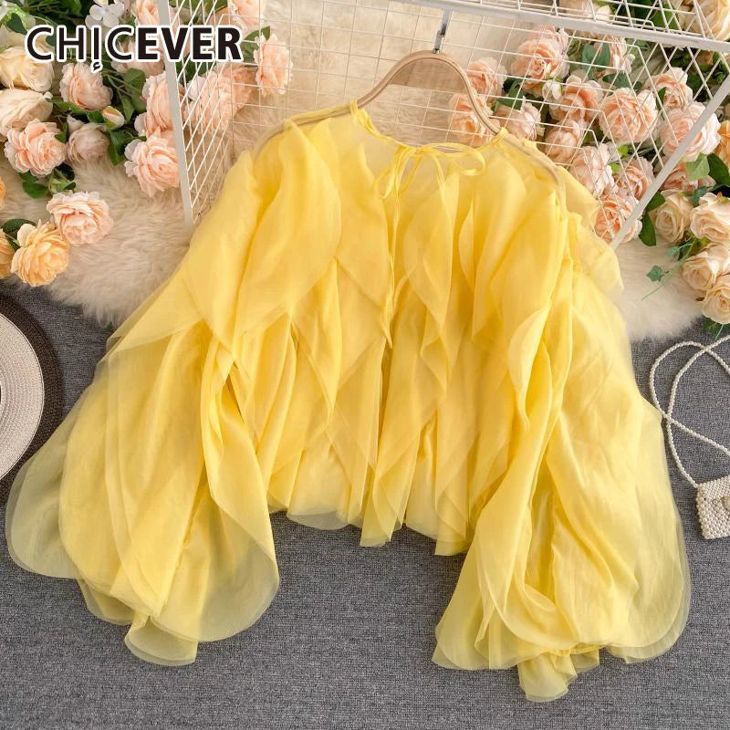 Elegant Shirts for Women O Neck Lantern Long Sleeve Asymmetrical Patchwork Ruffles Mesh plus Size Blouses Female 2022