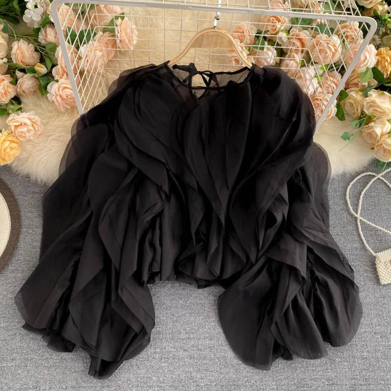 Elegant Shirts for Women O Neck Lantern Long Sleeve Asymmetrical Patchwork Ruffles Mesh plus Size Blouses Female 2022