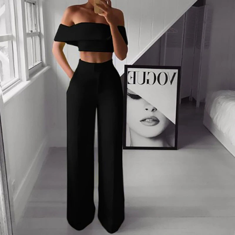 Summer Solid Women Casual Wide Leg Pants Suit Sexy Short Tops and High Waist Two Piece Sets Femme Slim Fit Streetwear Outfits
