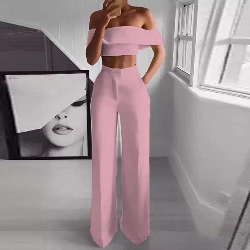 Summer Solid Women Casual Wide Leg Pants Suit Sexy Short Tops and High Waist Two Piece Sets Femme Slim Fit Streetwear Outfits