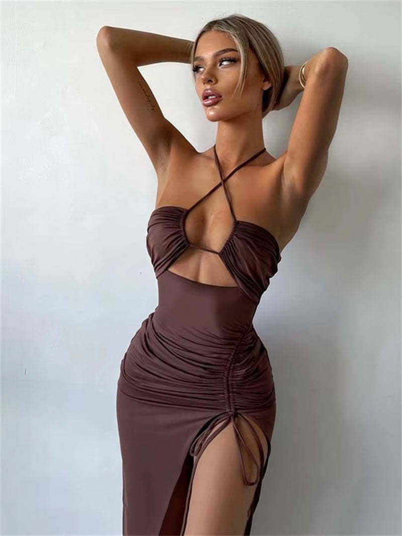 Hollow Out Drawstring Dress Women Sleeveless Backless High Split Elegant Ruched Dress Vestidos Partywear