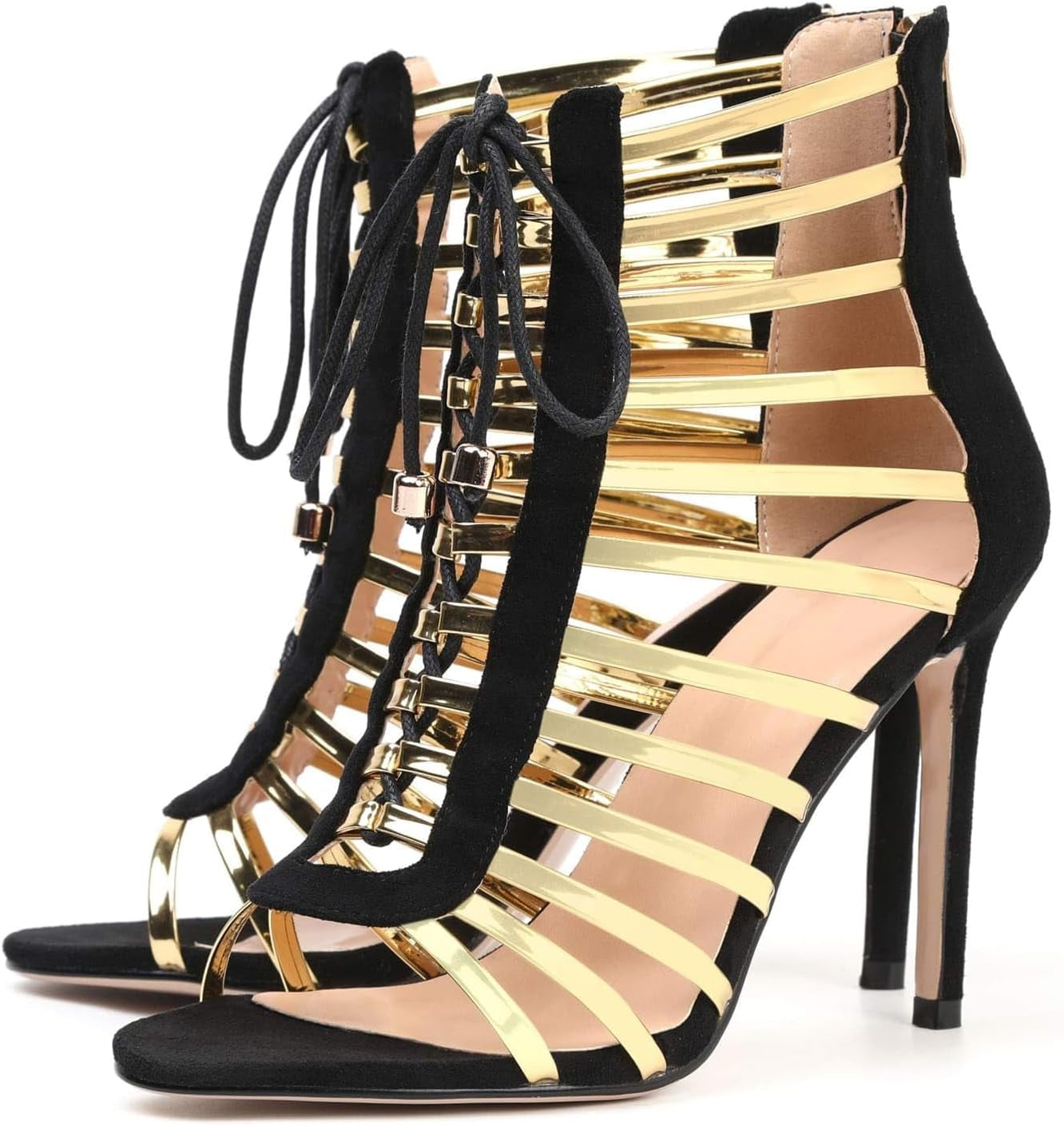 High Heels for Women Lace up Stiletto Heeled Sandals Peep Toe Strappy Dress Shoes Summer Party Pumps Zipper