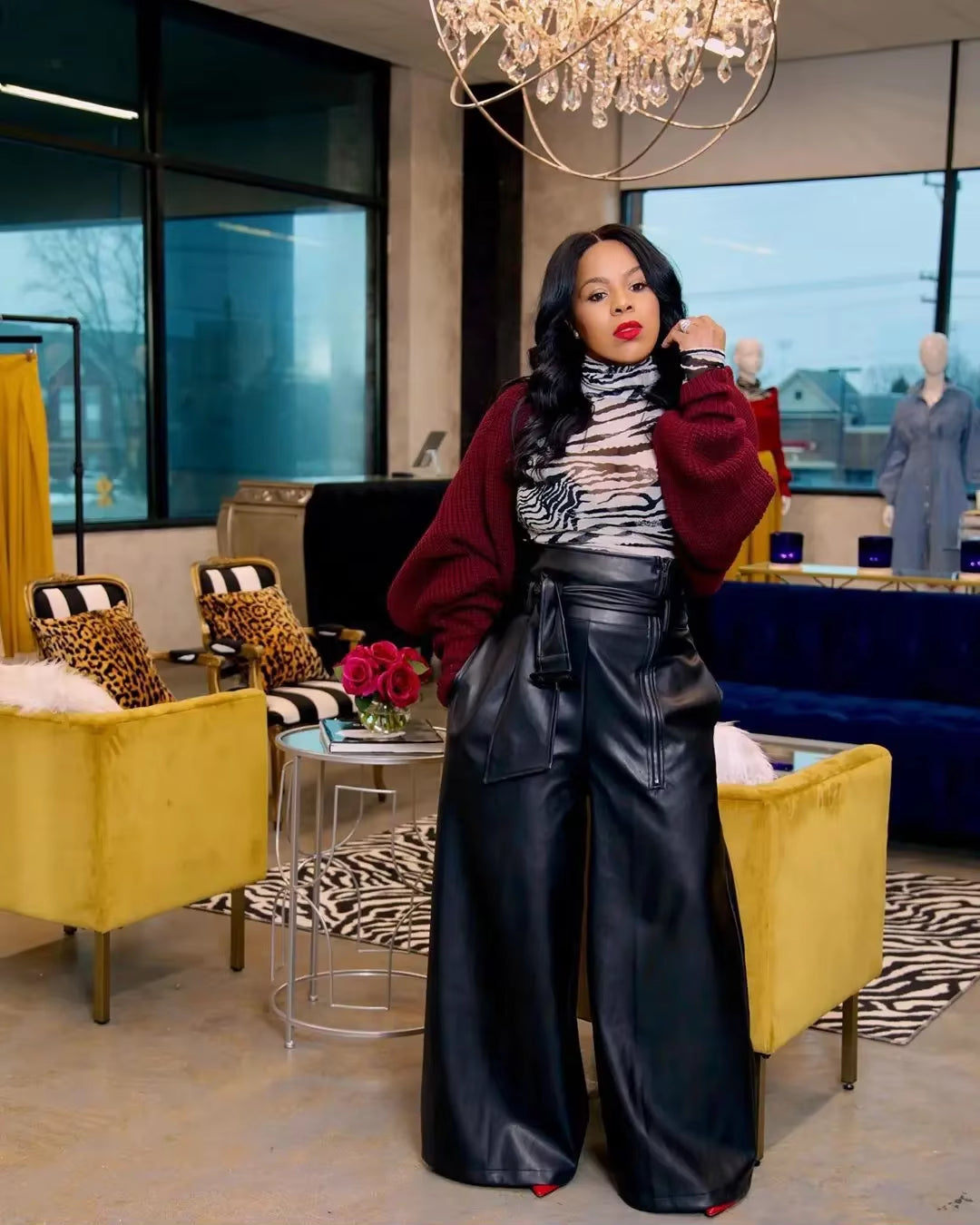 Autumn Winter Women Wid Leg Pants Leggings High Waist Sashes Bottom Trousers PU Leather Jogger Pants Sweatpants