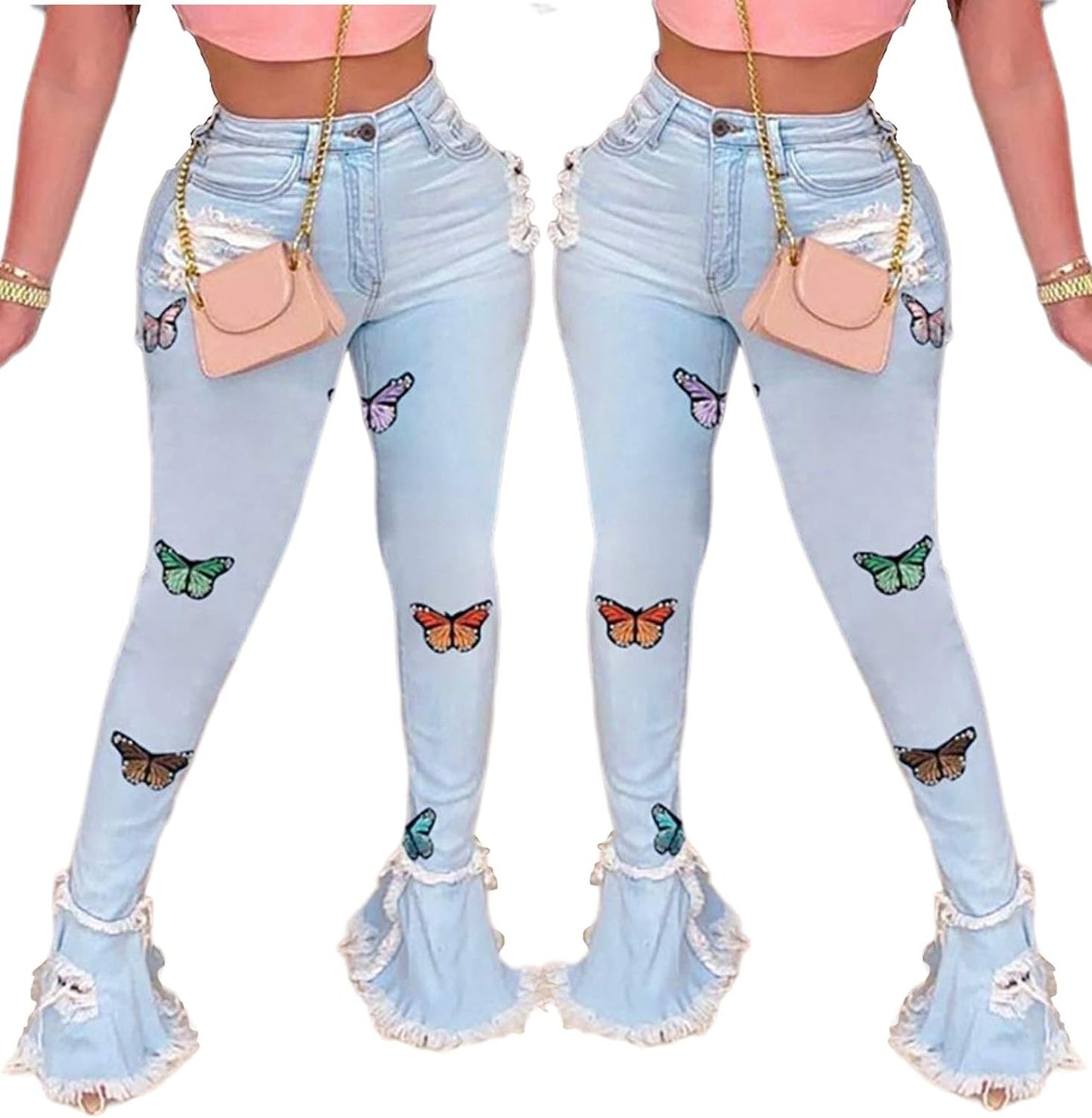 Women'S Bell Bottom Jeans Destoryed Ripped Flare Jeans Elastic Waist Raw Hem Denim Pants