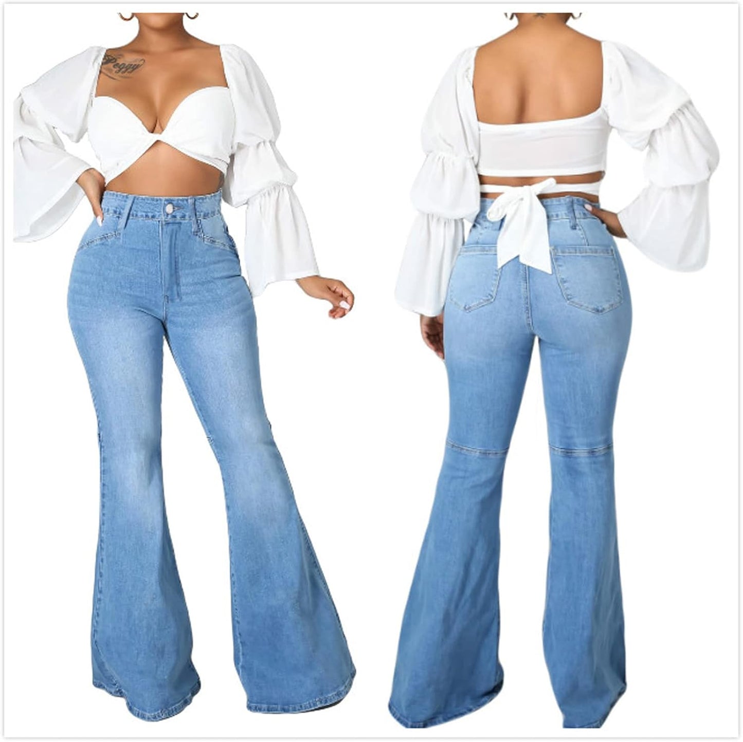Women Bell Bottom Jeans Elastic Waist Ripped Flared Jean Destroyed Raw Hem Denim Pants