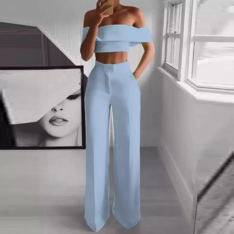 Summer Solid Women Casual Wide Leg Pants Suit Sexy Short Tops and High Waist Two Piece Sets Femme Slim Fit Streetwear Outfits
