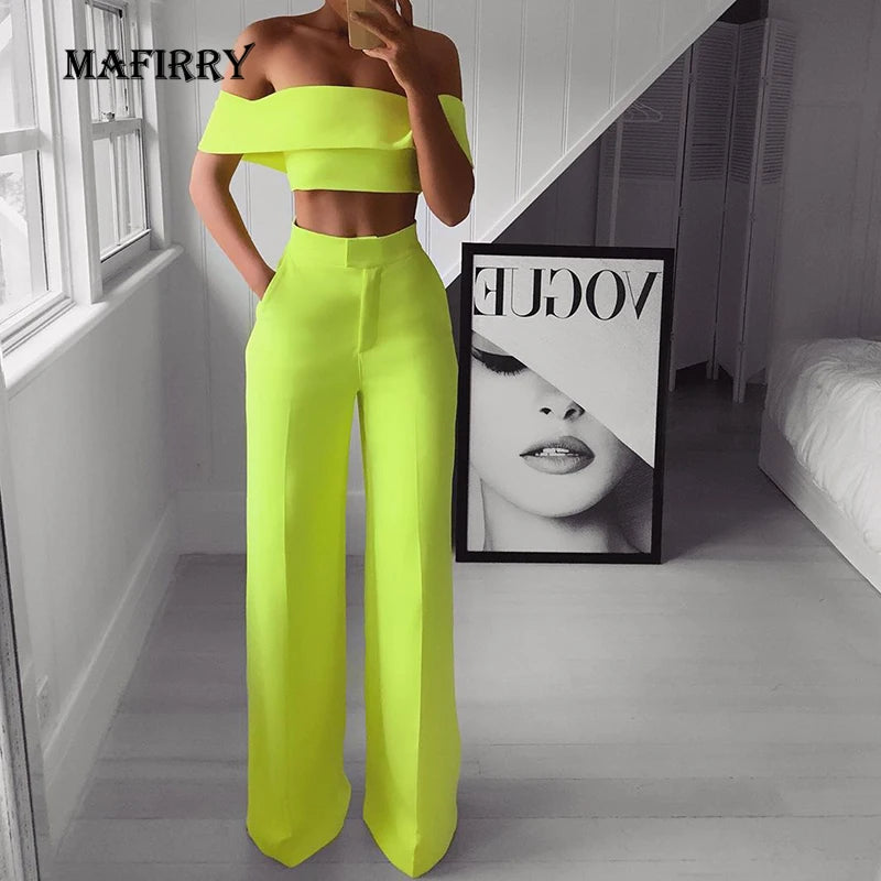 Summer Solid Women Casual Wide Leg Pants Suit Sexy Short Tops and High Waist Two Piece Sets Femme Slim Fit Streetwear Outfits