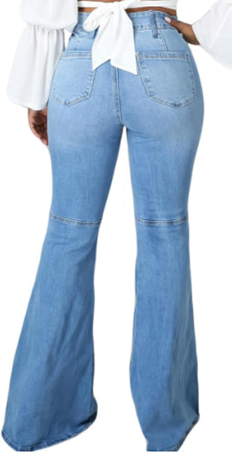 Women Bell Bottom Jeans Elastic Waist Ripped Flared Jean Destroyed Raw Hem Denim Pants