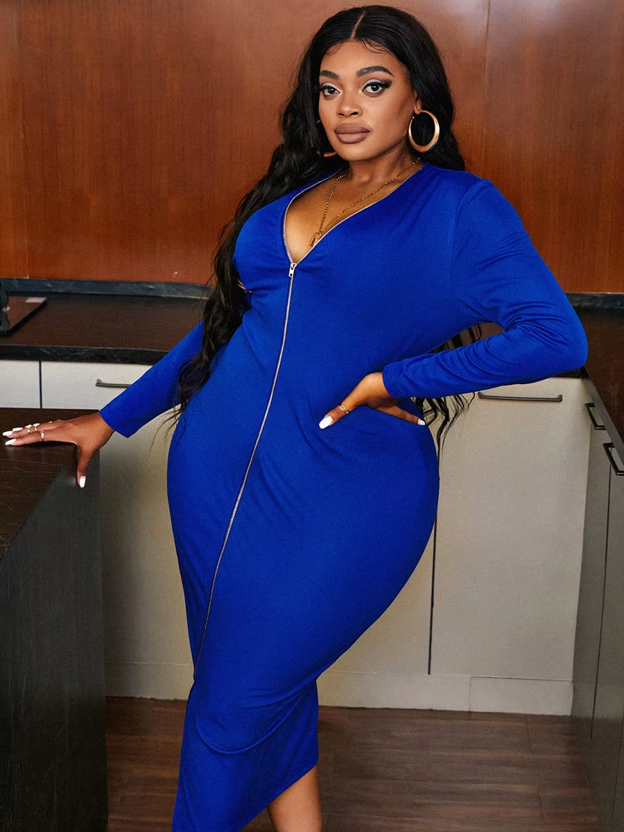 LW plus Size Zipper Design Basic Bodycon Dress V Neck Long Sleeve Patchwork XL-5XL Casual Solid Lady Outfits 2022