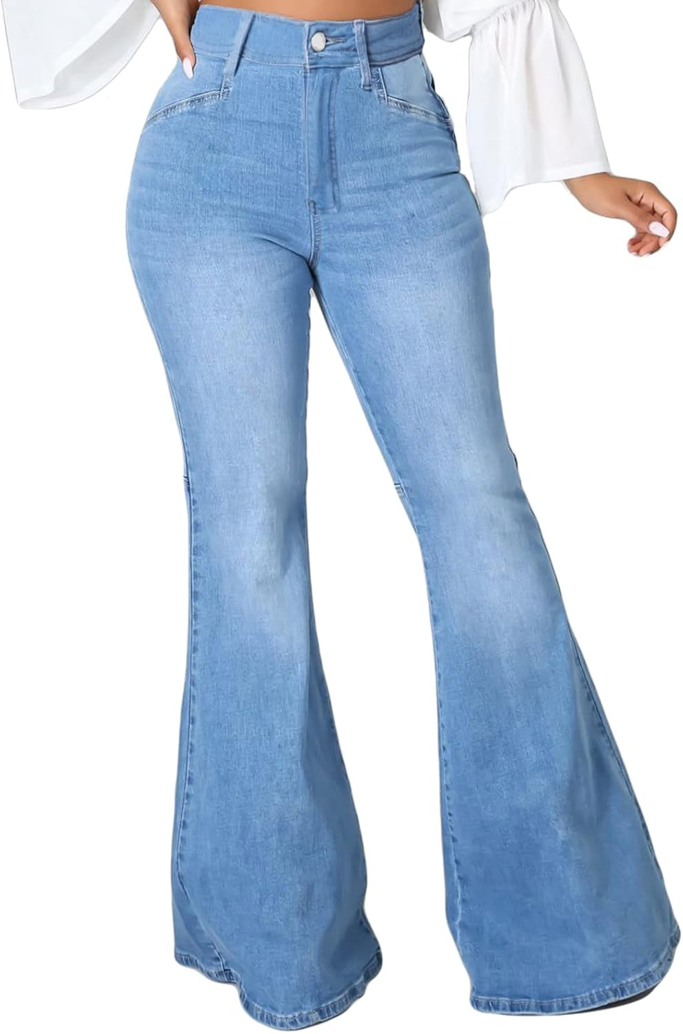 Women Bell Bottom Jeans Elastic Waist Ripped Flared Jean Destroyed Raw Hem Denim Pants
