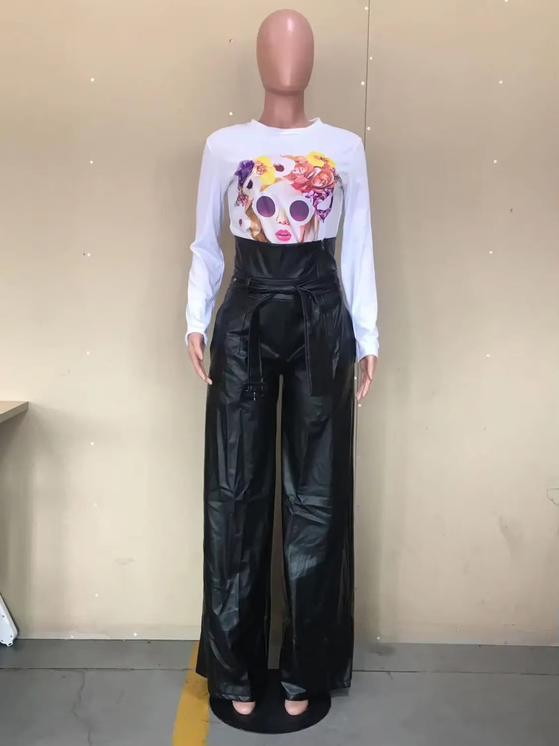 Autumn Winter Women Wid Leg Pants Leggings High Waist Sashes Bottom Trousers PU Leather Jogger Pants Sweatpants