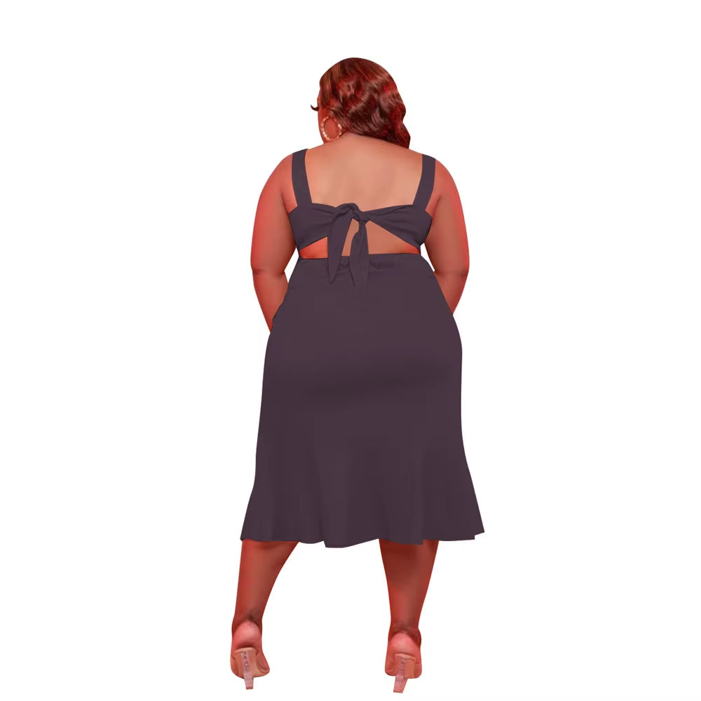 Summer Midi Dresses Casual Solid Color Sling Buttons Back Bandage Commuting plus Size Women'S Dress 5Xl Wholesale Dropshipping