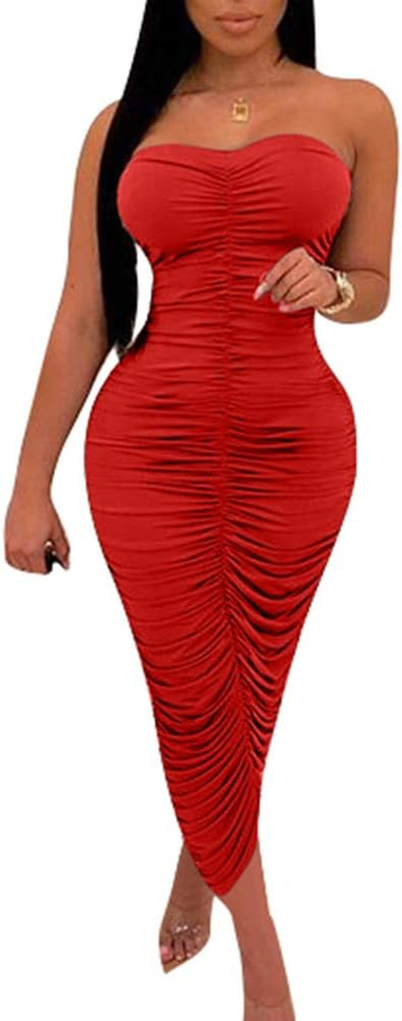 Women'S Sexy Ruched Strapless Bodycon Tube Maxi Long Club Dress