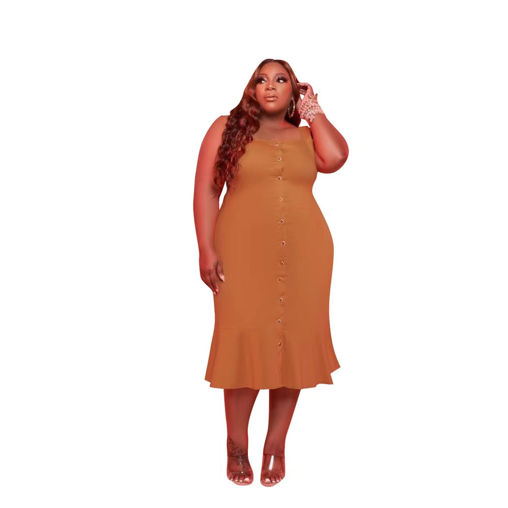 Summer Midi Dresses Casual Solid Color Sling Buttons Back Bandage Commuting plus Size Women'S Dress 5Xl Wholesale Dropshipping
