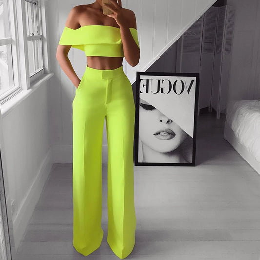 Summer Solid Women Casual Wide Leg Pants Suit Sexy Short Tops and High Waist Two Piece Sets Femme Slim Fit Streetwear Outfits
