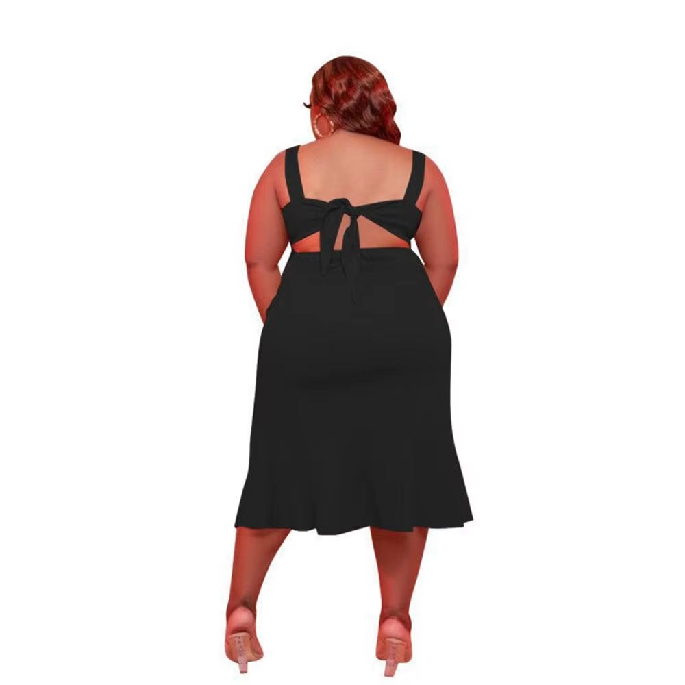 Summer Midi Dresses Casual Solid Color Sling Buttons Back Bandage Commuting plus Size Women'S Dress 5Xl Wholesale Dropshipping