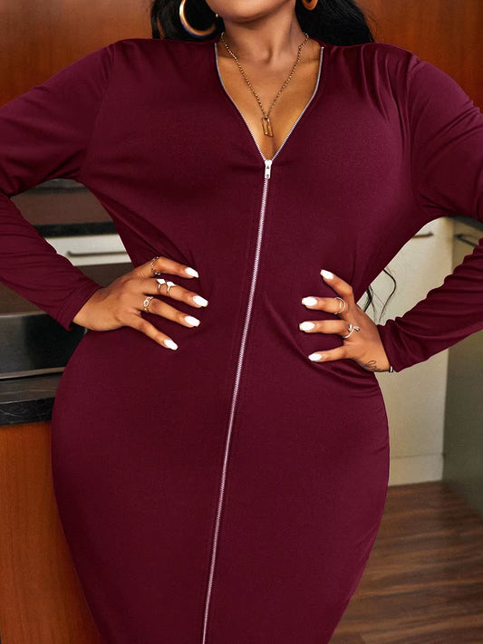 LW plus Size Zipper Design Basic Bodycon Dress V Neck Long Sleeve Patchwork XL-5XL Casual Solid Lady Outfits 2022