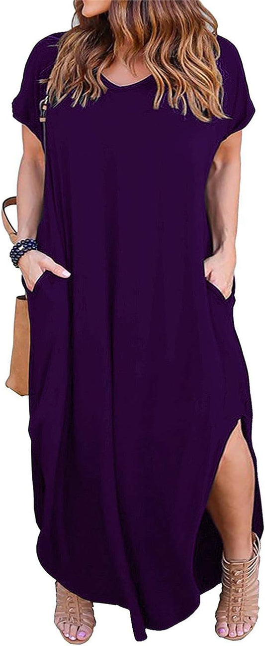 plus Size Maxi Dresses for Curvy Women Casual Summer Slit Loose Short Sleeve Long Dress with Pocket 14-26