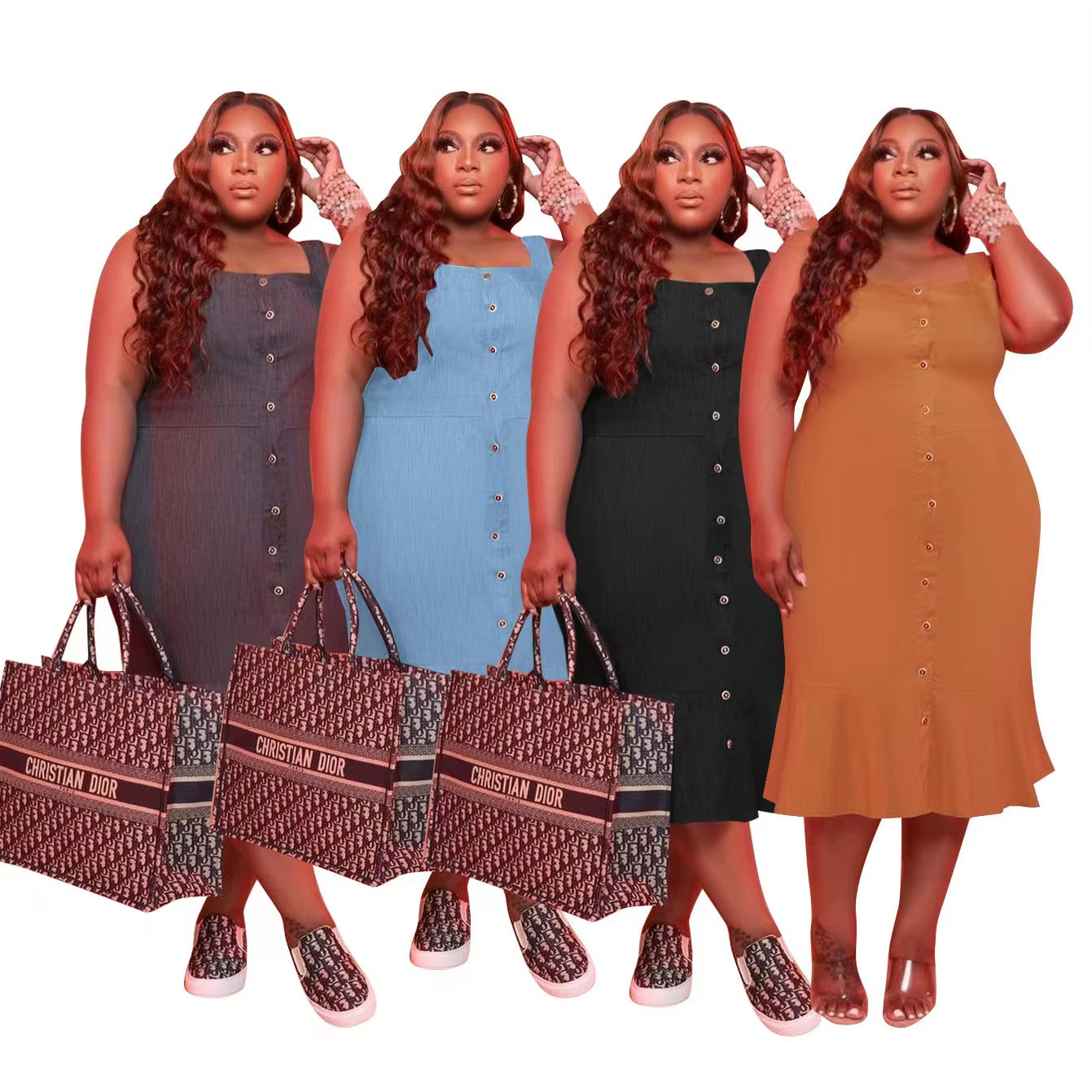 Summer Midi Dresses Casual Solid Color Sling Buttons Back Bandage Commuting plus Size Women'S Dress 5Xl Wholesale Dropshipping
