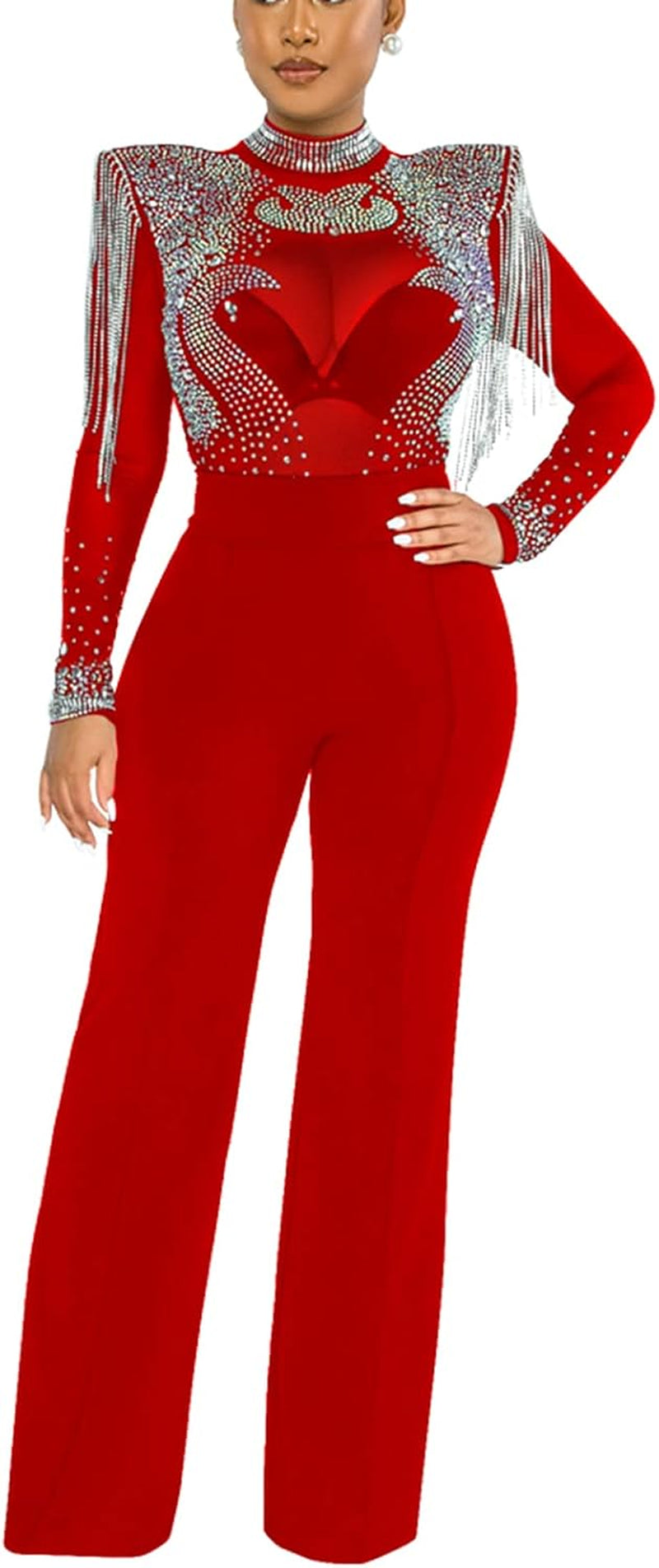 Women'S Sexy Jumpsuit Elegant Long Sleeve Bodycon Sheer Mesh See through Rhinestone Casual Loose Jumpsuits