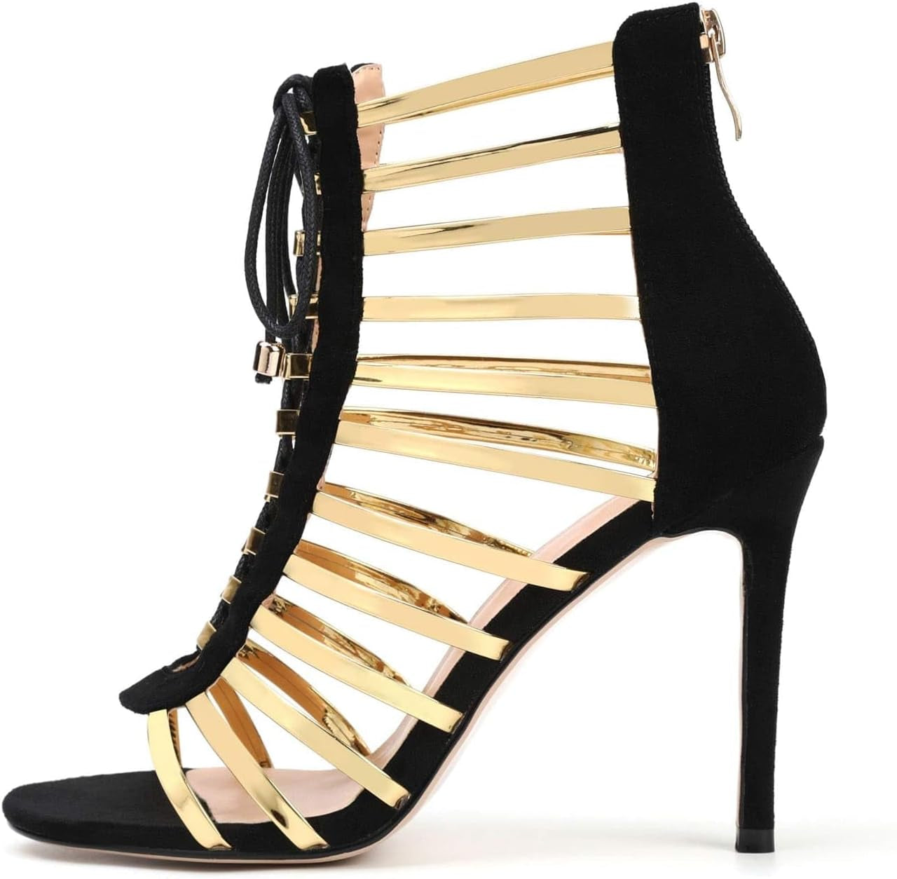 High Heels for Women Lace up Stiletto Heeled Sandals Peep Toe Strappy Dress Shoes Summer Party Pumps Zipper