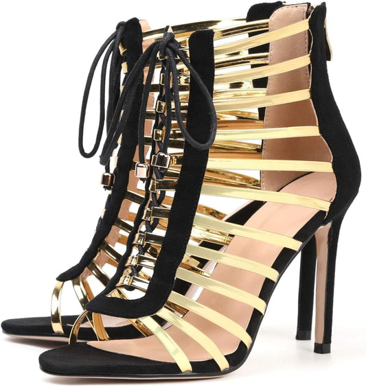 High Heels for Women Lace up Stiletto Heeled Sandals Peep Toe Strappy Dress Shoes Summer Party Pumps Zipper