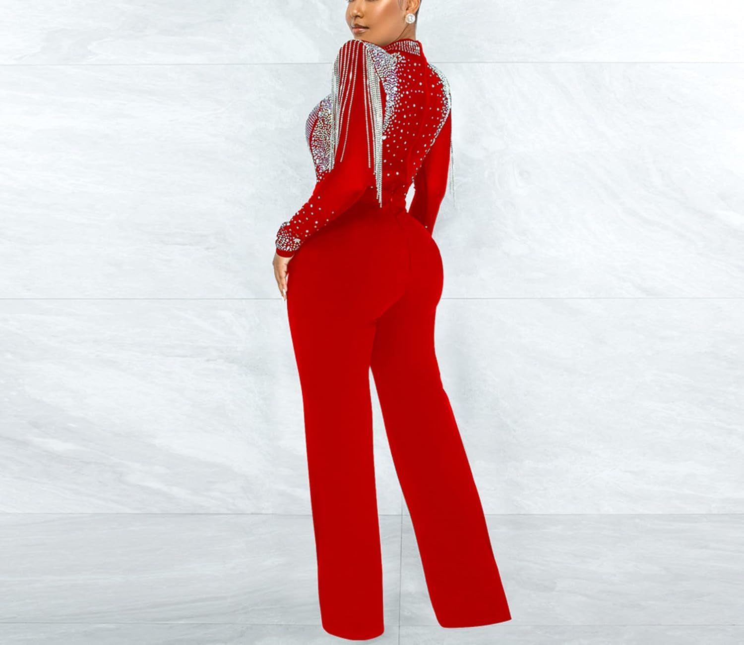 Women'S Sexy Jumpsuit Elegant Long Sleeve Bodycon Sheer Mesh See through Rhinestone Casual Loose Jumpsuits