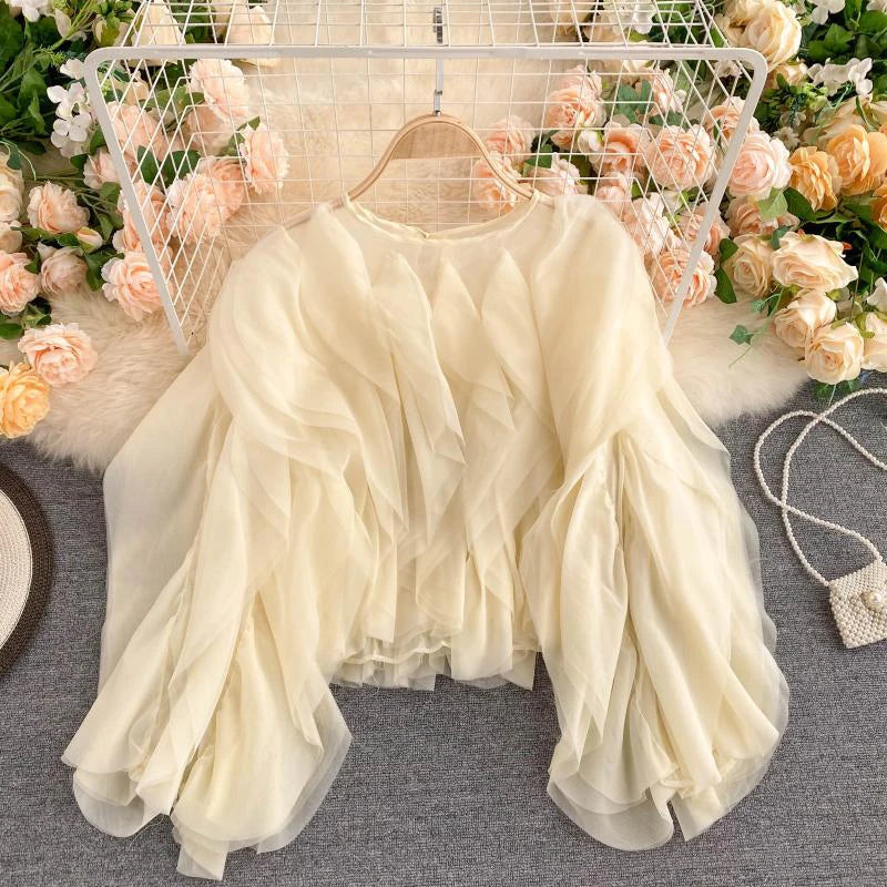 Elegant Shirts for Women O Neck Lantern Long Sleeve Asymmetrical Patchwork Ruffles Mesh plus Size Blouses Female 2022