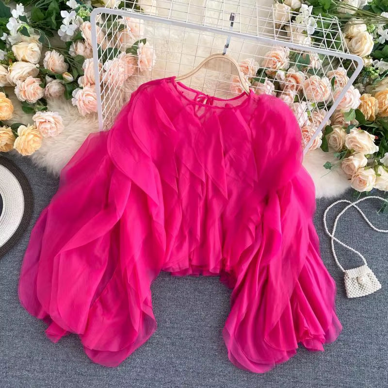 Elegant Shirts for Women O Neck Lantern Long Sleeve Asymmetrical Patchwork Ruffles Mesh plus Size Blouses Female 2022