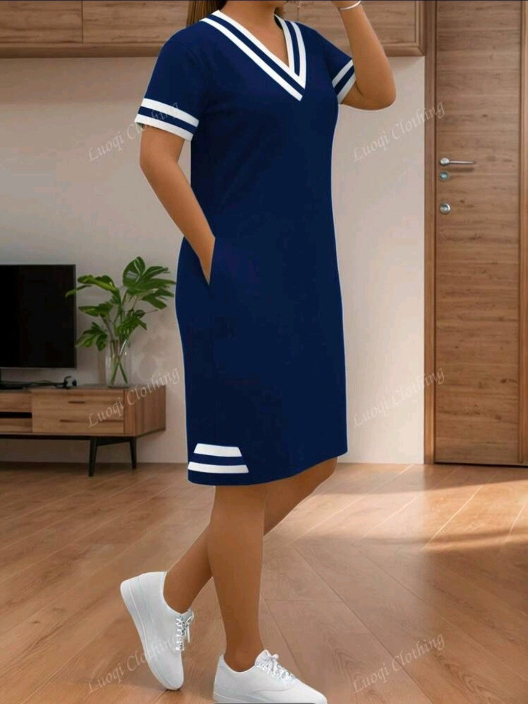 Fashionable Casual Versatile Color Block Striped V-Neck Pocket Short Sleeve Dres