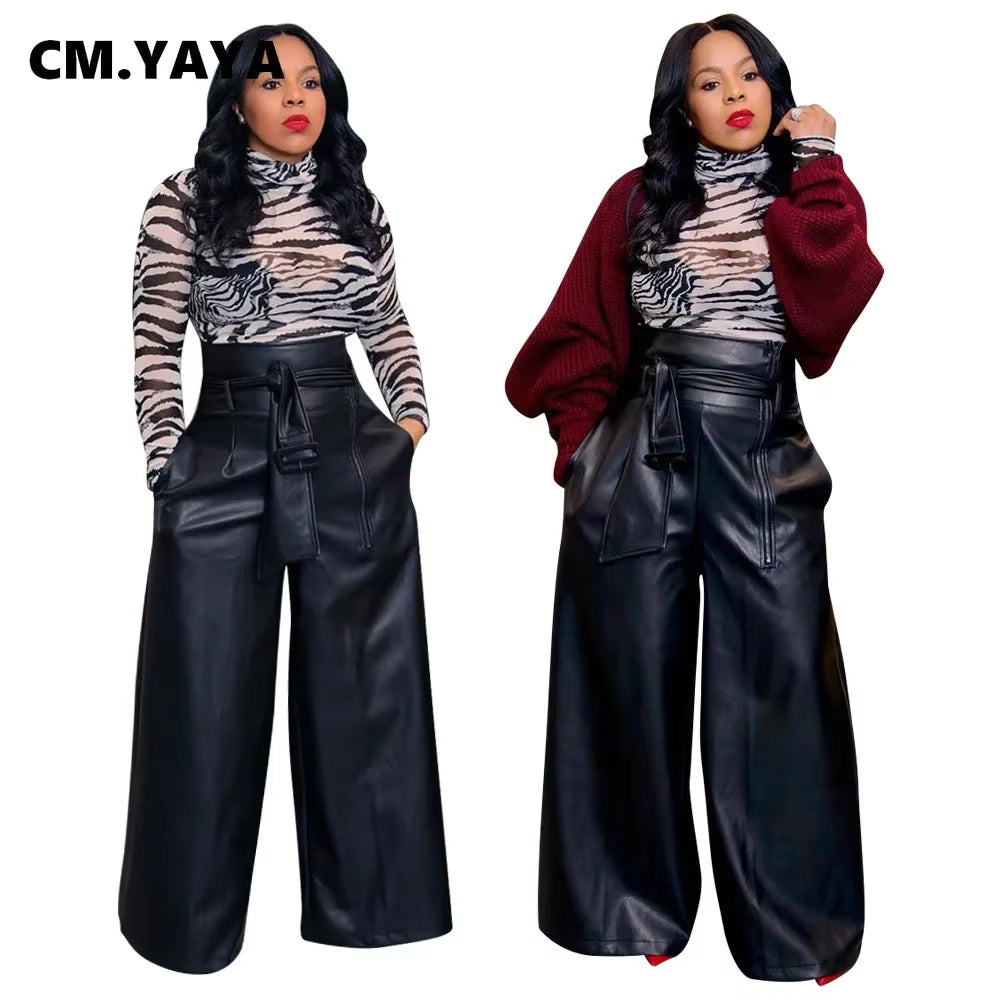 Autumn Winter Women Wid Leg Pants Leggings High Waist Sashes Bottom Trousers PU Leather Jogger Pants Sweatpants