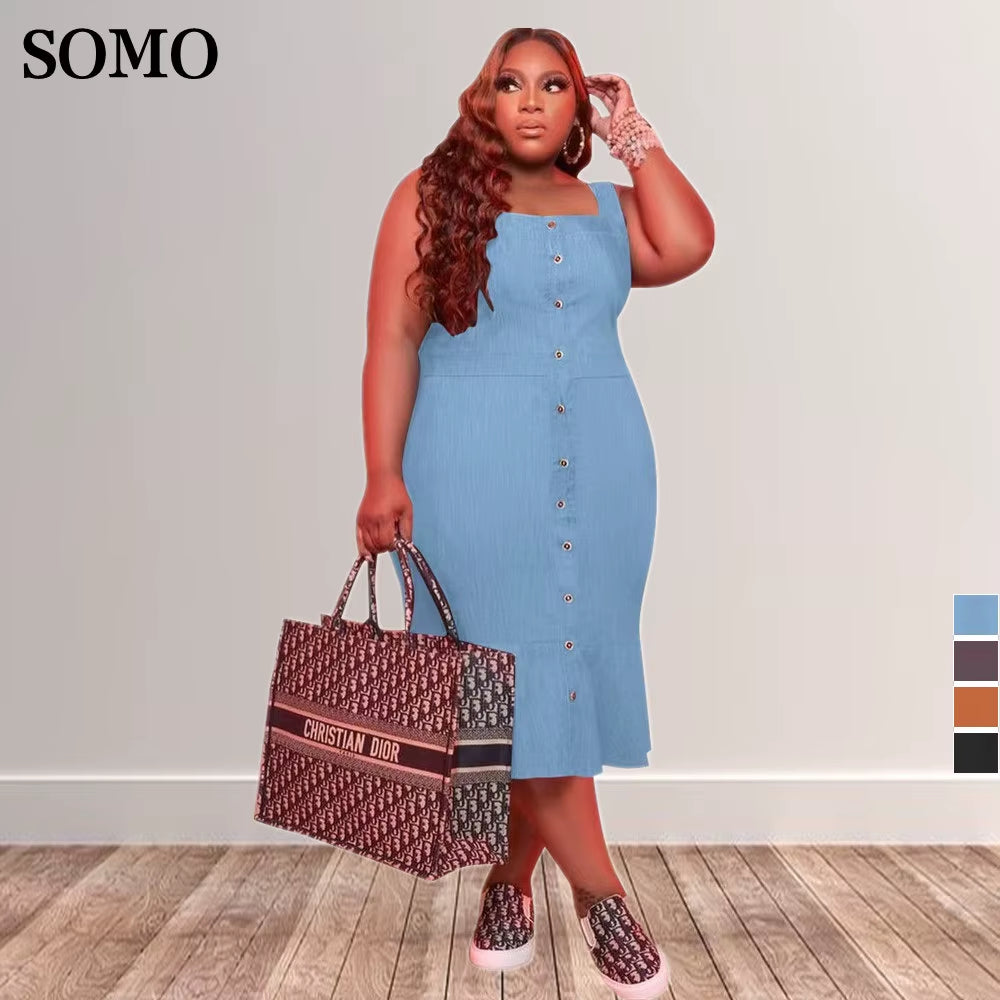 Summer Midi Dresses Casual Solid Color Sling Buttons Back Bandage Commuting plus Size Women'S Dress 5Xl Wholesale Dropshipping