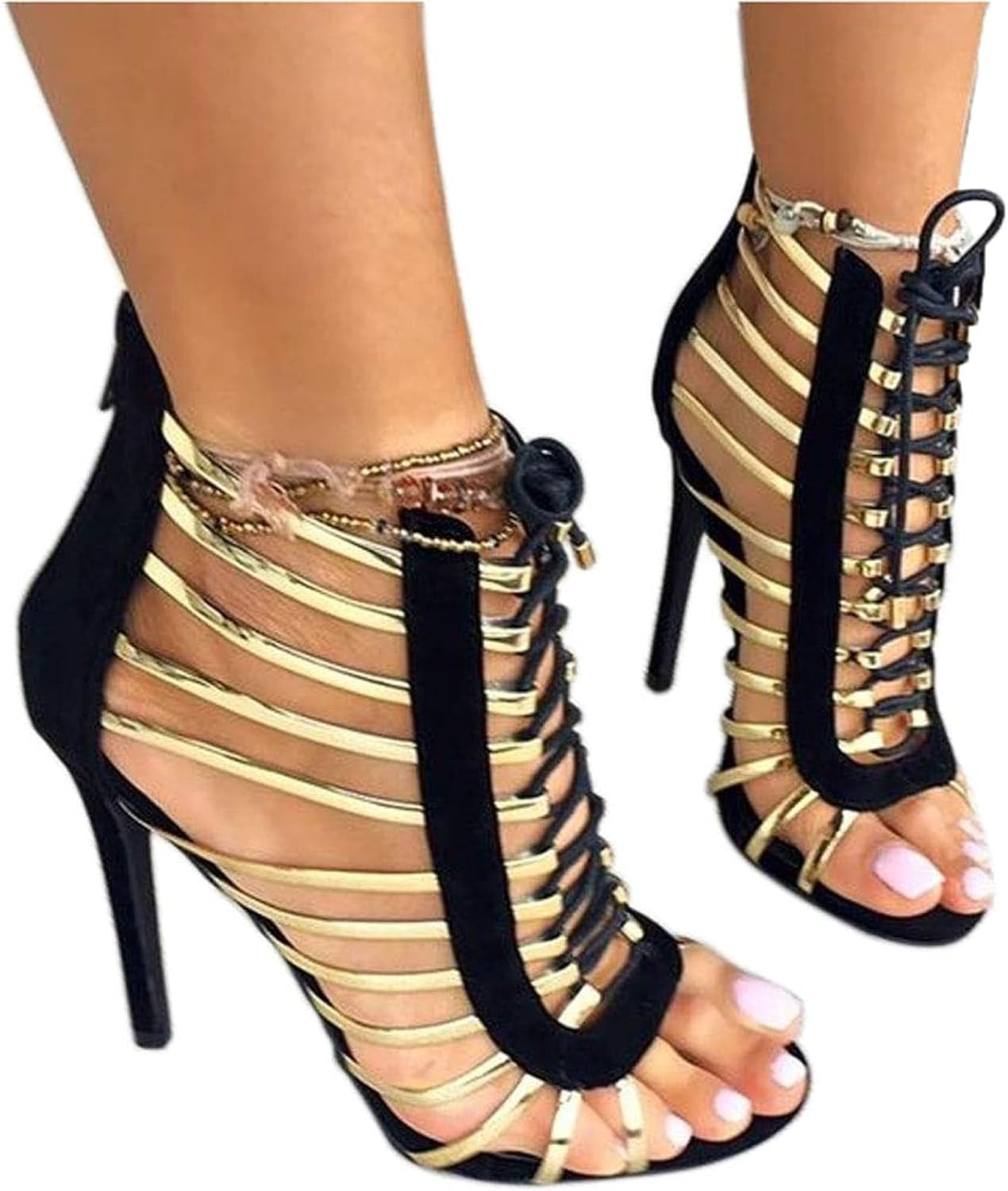 High Heels for Women Lace up Stiletto Heeled Sandals Peep Toe Strappy Dress Shoes Summer Party Pumps Zipper