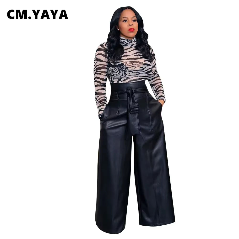 Autumn Winter Women Wid Leg Pants Leggings High Waist Sashes Bottom Trousers PU Leather Jogger Pants Sweatpants