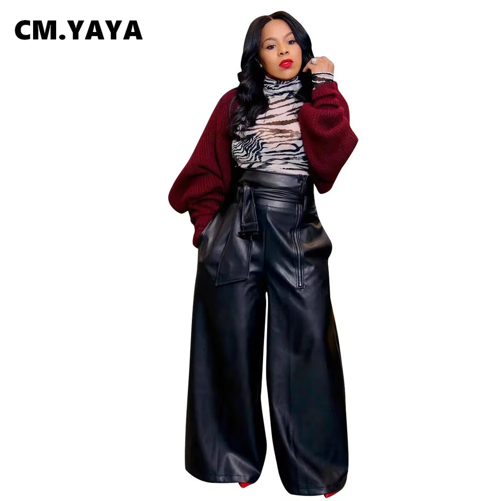 Autumn Winter Women Wid Leg Pants Leggings High Waist Sashes Bottom Trousers PU Leather Jogger Pants Sweatpants