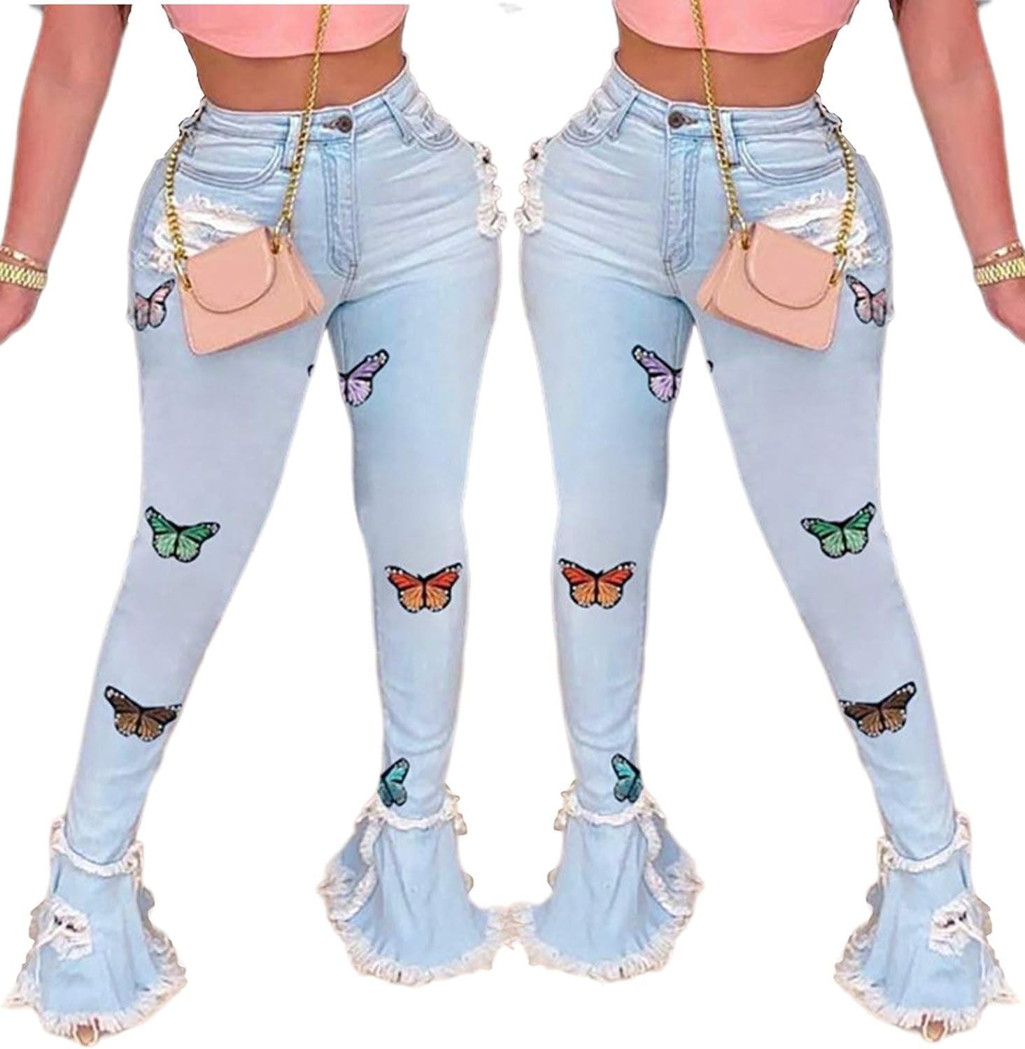 Women'S Bell Bottom Jeans Destoryed Ripped Flare Jeans Elastic Waist Raw Hem Denim Pants