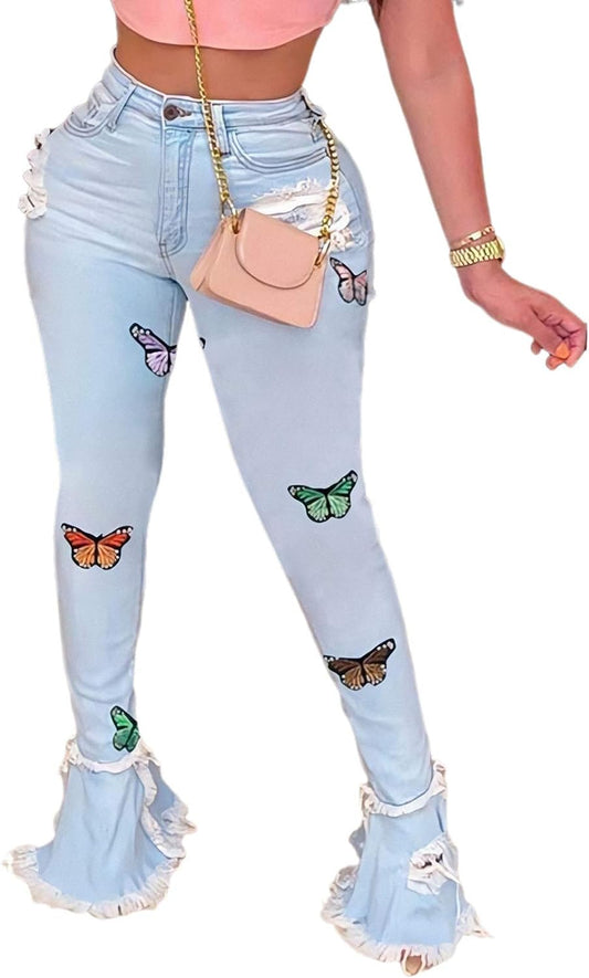 Women'S Bell Bottom Jeans Destoryed Ripped Flare Jeans Elastic Waist Raw Hem Denim Pants