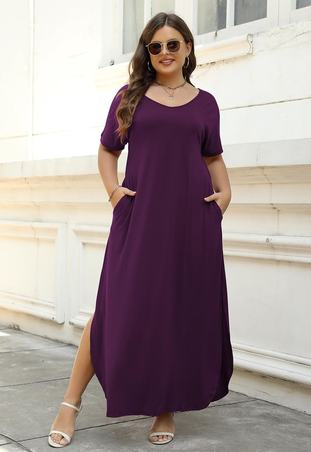 plus Size Maxi Dresses for Curvy Women Casual Summer Slit Loose Short Sleeve Long Dress with Pocket 14-26