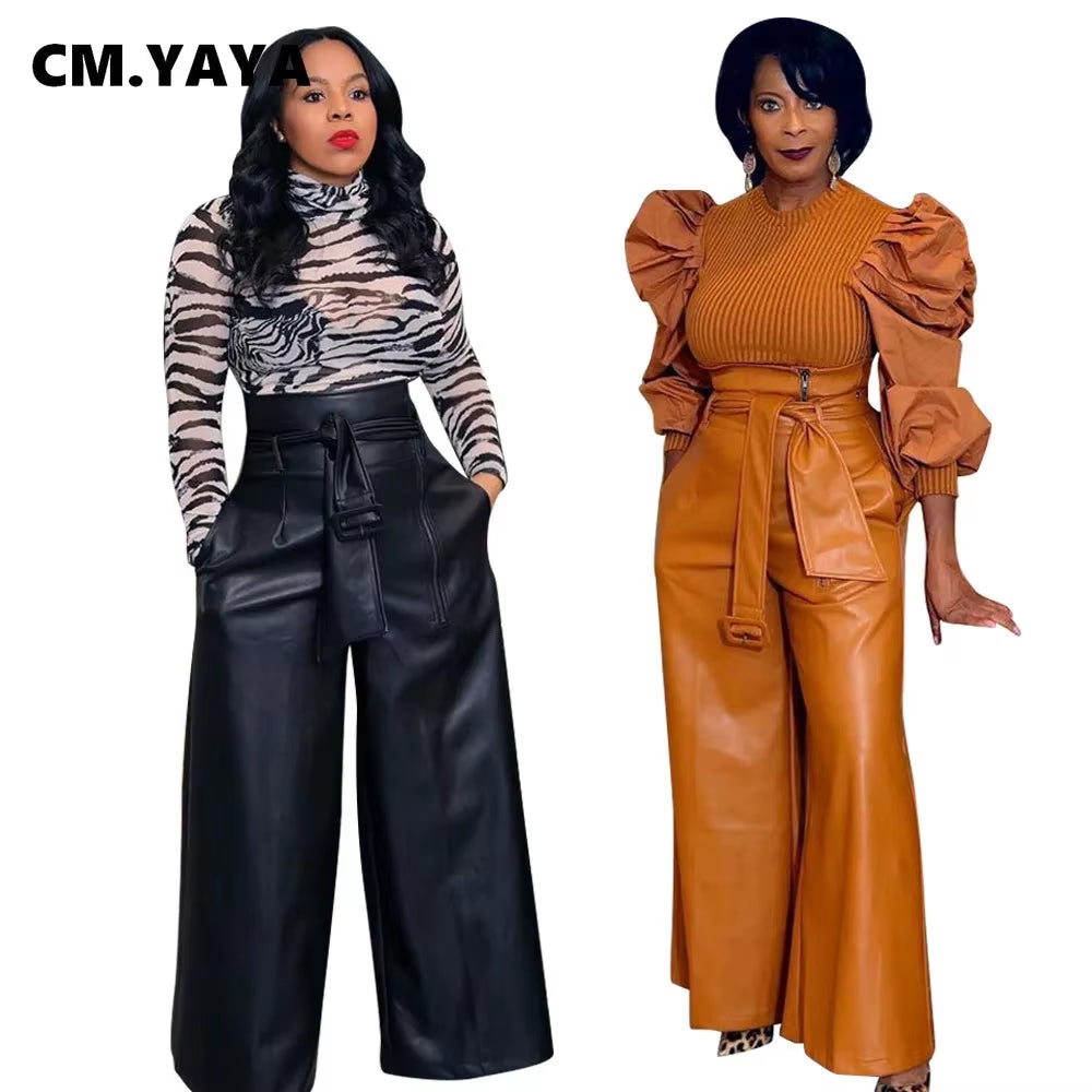 Autumn Winter Women Wid Leg Pants Leggings High Waist Sashes Bottom Trousers PU Leather Jogger Pants Sweatpants