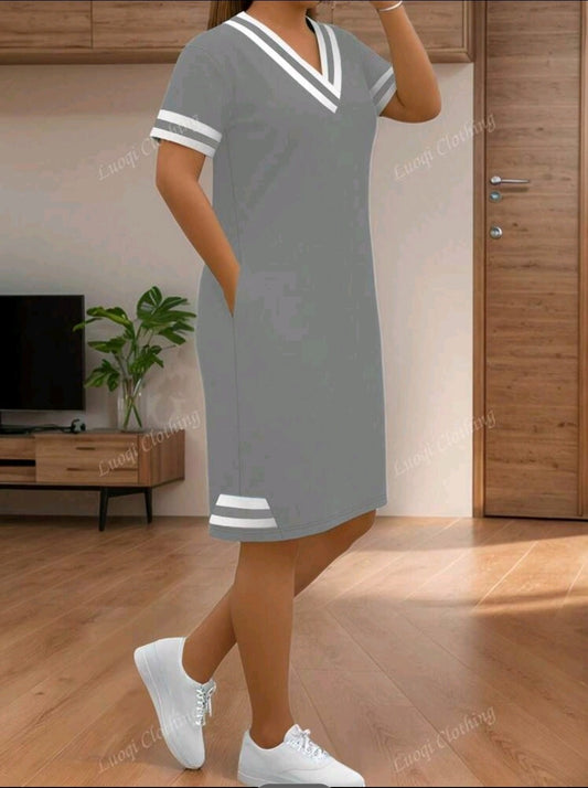 Fashionable Casual Versatile Color Block Striped V-Neck Pocket Short Sleeve Dres
