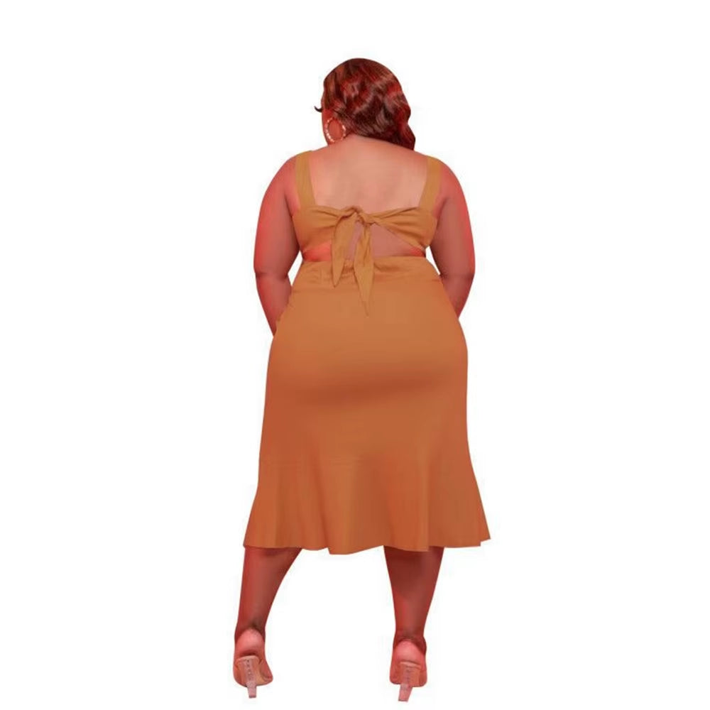 Summer Midi Dresses Casual Solid Color Sling Buttons Back Bandage Commuting plus Size Women'S Dress 5Xl Wholesale Dropshipping
